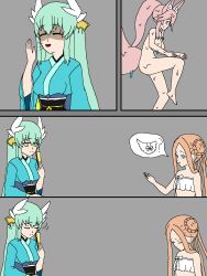 abigail_williams bare_legs bb_(fate/extra_ccc) blonde_hair blue_eyes breasts closed_eyes comic fate/extra_ccc fate/grand_order fate_(series) femsub green_hair grey_background justlooking727 kimono kiyohime_(fate/go) koyanskaya legs long_hair maledom nude pink_hair possession ritsuka_fujimaru_(male) slime story thighs yellow_eyes