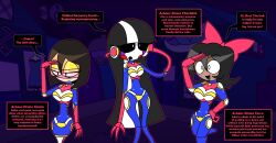 aged_up alternate_form aware black_hair black_sclera blue_background bodysuit bow brown_hair charlotte_emily consensual crossover dronification drool expressionless eyebrows_visible_through_hair eyelashes eyeshadow female_only fembot femsub five_nights_at_freddy&#039;s freckles hand_on_head hand_on_hip happy_trance headphones hourglass_figure hypnoscream large_breasts latex little_nightmares monster_girl multicolored_hair multiple_girls multiple_methods_of_hypnosis multiple_subs murder_drones open_mouth pov_dom resisting saluting shiny_hair shrunken_irises six speech_bubble standing_at_attention surprised tech_control tessa_james_elliot text visor wide_hips