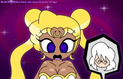 aged_up alternate_color_scheme assertive_sub blonde_hair blue_eyes chibi cleavage consensual dark_skin earrings expressionless eyebrows_visible_through_hair femdom hypnoscream hypnotized_hypnotist large_breasts love malesub open_mouth pov_sub prince_demande sailor_moon sailor_moon_(series) shiny_hair shiny_skin simple_background smile spiral_eyes turning_the_tables twintails
