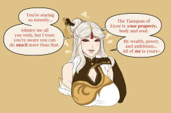  assertive_sub aware bare_shoulders china_dress cleavage dialogue dress eyeshadow female_only femsub franktonius genshin_impact hair_ornament hairpin heart large_breasts long_hair makeup maledom ningguang_(genshin_impact) red_eyes simple_background smile speech_bubble text white_hair 
