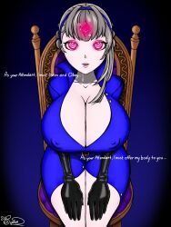  breasts chair cleavage crystal drool erect_nipples erect_nipples_under_clothes female_only femsub gloves glowing grey_hair hairband huge_breasts looking_at_viewer mantra merope_(persona) no_bra open_mouth opera_gloves orphan2 pendulum persona_(series) persona_5 persona_5_the_phantom_x pink_eyes short_hair sitting solo spiral_eyes text 