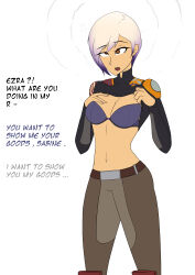  absurdres armor bra breasts crossed_eyes dazed dialogue empty_eyes english_text femsub jedi_mind_trick large_breasts multicolored_hair nexus_light open_mouth sabine_wren shirt_lift shorts star_wars star_wars_rebels text underwear white_background 