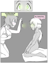 blue_eyes bottomless breasts comic expressionless female_only femdom femsub flat_chest glowing glowing_eyes green_eyes kneeling modeseven nude original pendulum sketch text topless