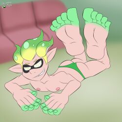 ass barefoot domedvortex femboy foot_focus inkling looking_at_viewer male_only malesub nintendo nipples original panties posing smile solo spiral_eyes splatoon topless underwear zappi_(domedvortex)