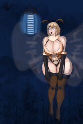  antenna bare_shoulders blonde_hair blue_eyes bug_girl cleavage female_only femsub gloves glowing_eyes huge_breasts hypnotic_light minigirl moth_girl nominddetected open_mouth opera_gloves original outdoors short_hair slouching solo tech_control thighhighs unaware watermark wide_hips 