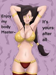 absurdres armpits black_hair breasts cleavage earrings empty_eyes femsub final_fantasy final_fantasy_vii happy_trance harem_outfit jewelry large_breasts long_hair lying midriff navel ponytail syas-nomis text thighhighs tifa_lockhart yellow_eyes