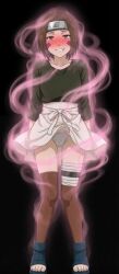  ai_art apron black_background blush brown_eyes brown_hair drool headband hypnotic_gas joebruh814_(generator) naruto_(series) panties rin_nohara sandals skirt skirt_lift thighhighs 
