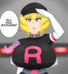  absurdres blonde_hair blush breast_expansion breasts choker collar collarbone comic domino_(pokemon) empty_eyes femsub gloves hat kobi94 large_breasts nintendo opera_gloves pokemon pokemon:_mewtwo_returns pokemon_(anime) ponytail purple_eyes saluting solo standing standing_at_attention symbol_in_eyes team_rocket tech_control text 