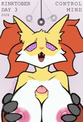 breasts collarbone delphox femsub fox_girl furry holding_breasts huge_breasts large_breasts maledom nintendo nipples open_mouth paizuri pendulum penis pink_eyes pokemon shonko simple_background spiralwash_eyes text topless white_background 