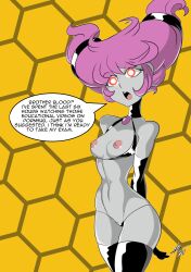 anonymind_(manipper) bigdead93 breasts comic dc_comics female_only femsub gloves glowing glowing_eyes jinx maledom manip opera_gloves pink_eyes pink_hair small_breasts super_hero teen_titans text thighhighs topless western
