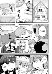 amnesia animal_ears demon_girl dialogue elf_ears eve_reese femsub flare_arlgrande_jioral_(freya) keyaru_(keyaruga) monochrome norn_clatalissa_jioral_(ellen) redo_of_healer setsuna_(redo_of_healer) text wolf_girl