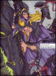 blonde_hair bottomless clothed_exposure corruption disney glowing glowing_eyes green_eyes long_hair maleficent manip nipple_piercing open_clothes piercing princess princess_aurora pubic_hair sleeping_beauty tattoo text thighhighs traditional vp western