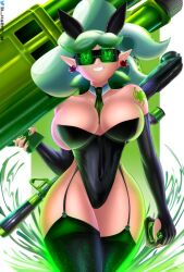  bare_shoulders bunny_ears bunny_girl bunnysuit collarbone corruption corset earrings evil_smile female_only femsub fingerless_gloves garter_straps glasses grey_hair hypnotic_accessory k3v1n large_ass large_breasts large_hips latex long_hair marie_(splatoon) nail_polish nintendo ponytail signature simple_background smile solo splatoon splatoon_2 standing tattoo thick_thighs thighhighs tie tight_clothing weapon white_background 
