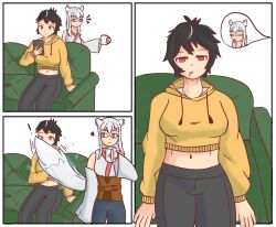 black_hair breasts comic couch dazed drool empty_eyes everes_(zires) expressionless female_only femdom femsub fox_girl hoodie hypnotic_tail leggings long_hair original red_eyes serbii_(zires) short_hair sitting tail tomboy white_hair zires