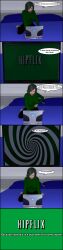 3d absurdres barefoot before_and_after comic dialogue female_only femsub green_eyes green_hair humor kathy_(theheckle) original spiral spiral_eyes sweater symbol_in_eyes tech_control text theheckle