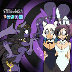 absurdres alternate_costume black_hair blowing_kiss bunny_ears bunny_girl bunnysuit charm_(spell) clothed demon_girl earrings english_text fake_animal_ears female_only femdom femsub final_fantasy final_fantasy_xiv gameplay_mechanics glasses grey_hair hand_on_hip heart horns jewelry lady_amandine mai_solara miqo&#039;te ponytail purple_hair short_hair spiral_background spiralwash_eyes square_enix sub_on_sub symbol text very_long_hair white_eyes wings y&#039;shtola yuri zombi62