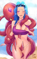  absurdres blue_hair crotch_rub drool female_only femsub happy_trance lapis_(lapislazuliart) lapislazuliart octopus original smile spiral spiral_eyes sunglasses swimsuit symbol_in_eyes tentacles twintails 