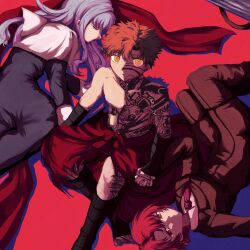  angra_mainyu bare_shoulders bazett_fraga_mcremitz body_markings caren_hortensia dark_skin eye_color_change fate/hollow_ataraxia fate/stay_night fate_(series) grey_hair holding_hands koka-ka_metoro_(zalame) long_hair looking_at_viewer lying malesub on_back pants possession red_hair ring_eyes shirou_emiya short_hair sitting suit yellow_eyes 