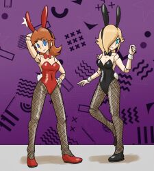 blonde_hair bunny_ears bunny_girl bunnysuit empty_eyes hair_covering_one_eye mannequin mythkaz nintendo princess princess_daisy princess_rosalina red_hair super_mario_bros. tagme