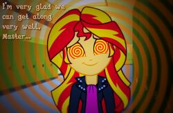 equestria_girls female_only femsub happy_trance long_hair multicolored_hair my_little_pony  smile snakeythingy solo spiral spiral_eyes sunset_shimmer symbol_in_eyes text