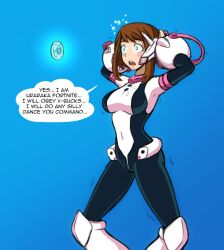  blue_background blue_eyes blush bodysuit breasts brown_hair bubble cameltoe clothed coin dialogue drool electrickronos expressionless female_only femsub fortnite glowing hand_on_head humor hypnotic_object my_hero_academia ochaco_uraraka open_mouth posing short_hair shrunken_irises simple_background solo speech_bubble spread_legs standing text tight_clothing 