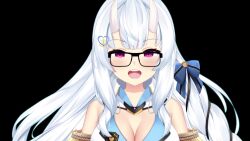 anastaciawhite animated clothed glasses hair_ornament latina open_mouth pink_eyes ribbon sound spanish tagme video virtual_youtuber voice_acted white_hair