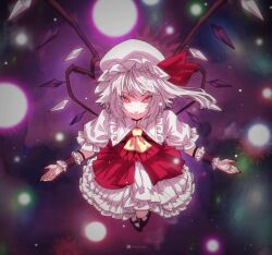 alternate_costume alternate_hair_color aura blush corruption crossover english_text femsub flandre_scarlet floating glowing happy_trance king_of_fighters looking_at_viewer nail_polish orochi_(kof) possession red_eyes ribbon short_hair smile tattoo text touhou ultragruntyy white_hair wings