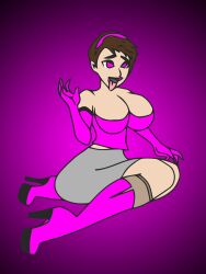 absurdres artist_request bimbofication boots breasts brown_hair cleavage empty_eyes female_only femsub gloves gradient_background happy_trance headband high_heels huge_breasts knee-high_boots lipstick open_mouth opera_gloves original pantyhose pink_eyes pink_lipstick short_hair sitting skirt smile solo tongue tongue_out