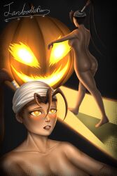  ass bare_legs bare_shoulders barefoot brown_hair capcom femsub glowing_eyes hypnotic_light ibuki jack_o'_lantern jandoodlefier nude orange_eyes ponytail pumpkin street_fighter zombie_walk 
