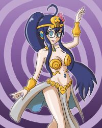  blue_eyes blue_hair empty_eyes fuuko_(kazesolarflare) glasses happy_trance harem_outfit jewelry long_hair midriff mythkaz navel original spiral_eyes tagme 