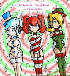  antenna blonde_hair blue_eyes blue_hair breasts brokenteapot choker christmas dialogue earpiece empty_eyes female_only femsub green_eyes hat headphones hypnotic_accessory large_breasts long_hair mortal_kombat multiple_girls red_hair short_hair tech_control text thighhighs twintails 