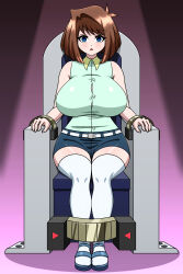 absurdres blue_eyes brown_hair chair empty_eyes expressionless female_only femsub large_breasts open_mouth restrained short_hair shorts simple_background sitting solo tea_gardner thighhighs yensh yu-gi-oh!