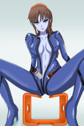  alternate_color_scheme arms_behind_back before_and_after belt blue_eyes blue_skin bodysuit brown_hair cleavage eyeshadow female_only femsub kiryu large_breasts lipstick looking_at_viewer makeup mikage_kiryu navel open_mouth ponytail sitting smile solo space_battleship_yamato space_battleship_yamato_2199 spread_legs 