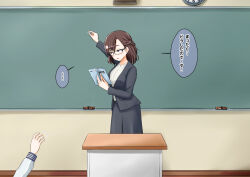  blackboard brown_eyes brown_hair classroom femsub glasses japanese_text na_shacho original teacher text translation_request 