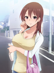  breasts brown_hair cleavage collarbone earrings empty_eyes endou_aimi expressionless female_only femsub huge_breasts jeans jewelry kaiga long_hair milf pov pov_dom purple_eyes saimin_appli_ver._666 solo 