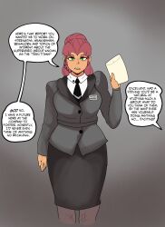  altered_common_sense corporatification dc_comics dialogue empty_eyes enemy_conversion faetomi female_only femsub green_eyes indifferent long_hair long_skirt office_lady open_mouth pantyhose ponytail red_hair simple_background skirt solo speech_bubble standing standing_at_attention starfire suit tagme teen_titans text tie 