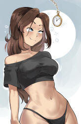  black_panties blue_background blue_eyes breasts brown_hair cara_(bewitchingcara) dazed empty_eyes female_only femsub glatu gradient_background happy_trance heavy_eyelids light_skin long_hair midriff original panties pendulum pocket_watch solo source_request standing thong 