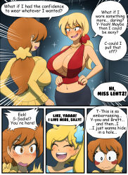  bimbofication blonde_hair breast_expansion breasts comic embarrassed female_only femsub happy_trance kobi94 large_breasts makeup original red_hair teacher text 