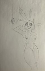  animal_ears bare_breasts breasts bunny_girl dalty disney eyelashes femsub furry greyscale happy_trance hourglass_figure judy_hopps mantra nude pendulum pussy saluting smile spiral_eyes tail text thick_thighs traditional zootopia 
