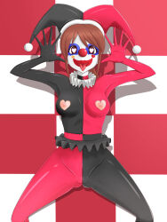 bodysuit breasts cameltoe clown femsub happy_trance hat heart heart_eyes latex makeup nipples ponytail symbol_in_eyes tongue tongue_out