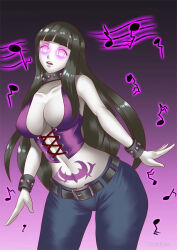 black_hair breasts cleavage corruption expressionless female_only femsub glowing glowing_eyes gradient_background hadant hinata_hyuuga hypnotic_audio hypnotic_music large_breasts long_hair midriff naruto_(series) navel pale_skin rock_of_succubus signature simple_background solo studded_collar tattoo watermark