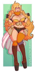  belt bimbofication blonde_hair blush boots breasts female_only femsub happy_trance heart heart_eyes large_breasts long_hair pink_lipstick rwby smile solo symbol_in_eyes thighs wrenzephyr2 yang_xiao_long 