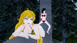    3d ass aware bikini black_hair blonde_hair blue_eyes breasts jungle large_ass large_breasts leopard_print long_hair mmd mrkoiru open_mouth outdoors pale_skin purple_eyes ruby_rose rwby short_hair small_breasts yang_xiao_long 