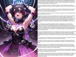  ai_art arm_bands armpits arms_above_head blindfold blush brown_hair cape caption cleavage corruption crown dress elmer-tf-tg_(generator) female_only femsub gloves headphones large_breasts open_mouth princess short_hair solo tattoo tech_control text wires 
