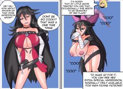 black_hair bottomless breasts cerithys comic femdom femsub hat huge_breasts instant_loss large_breasts long_hair magic magilou_(tales) nude pet_play tales_of_(series) tales_of_berseria text topless velvet_crowe