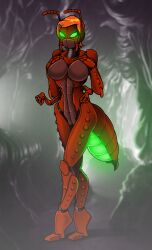  abs antenna ben_10 bodysuit bottomless breasts bug_girl clitoris drone female_only femsub glowing glowing_eyes gwen_tennyson holding_breasts multiple_arms nude pussy re-maker red_hair solo tech_control topless western 