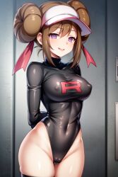  ai_art alternate_costume arms_behind_back brown_hair cameltoe empty_eyes erect_nipples erect_nipples_under_clothes female_only femsub hair_buns happy_trance hat leotard looking_at_viewer nintendo pink_eyes pokemon pokemon_black_and_white_2 ribbon rosa_(pokemon) rubber seiha_(generator) smile solo stable_diffusion_(ai) standing team_rocket thick_thighs thigh_boots thighhighs twintails 