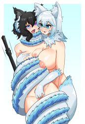  animal_ears black_hair blue_eyes blush breast_grab breasts cat_ears cat_girl cat_tail cheek_squish coils erect_nipples eye_roll female_only femdom femsub fingering fox_ears gradient_background groping happy_trance kaa_eyes konaloid large_breasts mirie_alya_(erogmircs) naga_girl nira_(rctdelta20) nude open_mouth original pussy_juice short_hair small_breasts stiff_tail tail white_hair 