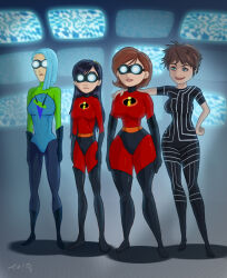 black_hair blue_hair bodysuit breasts brown_hair disney elastigirl evelyn_deavor expressionless female_only femdom femsub glowing glowing_eyes goggles helen_parr hypnotic_accessory hypnotic_screen large_breasts mask spoilers standing standing_at_attention super_hero tech_control the_incredibles trishbot violet_parr voyd western