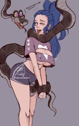  bare_legs blue_hair bubble cleavage cleavage_cutout coils crop_top crotch_rub dazed disney drool erect_nipples erect_nipples_under_clothes femsub heavy_eyelids hypnotic_eyes kaa kaa_eyes lapis_(lapislazuliart) lapislazuliart open_mouth original ponytail restrained shirt short_shorts shorts signature simple_background snake sparkle tagme text the_jungle_book tongue tongue_out underboob very_long_hair 